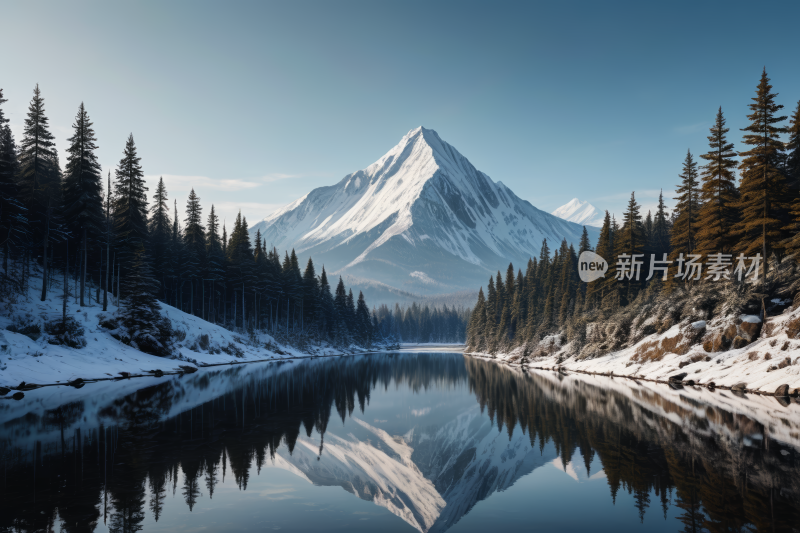 山倒映在被白雪覆盖的树木包围的湖泊中风景