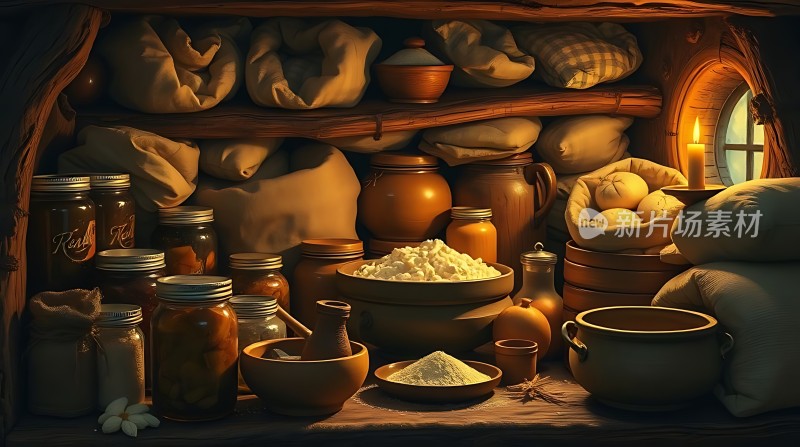昏黄的灯光下古朴的厨房里各种罐子、布袋和食物静静地摆放着