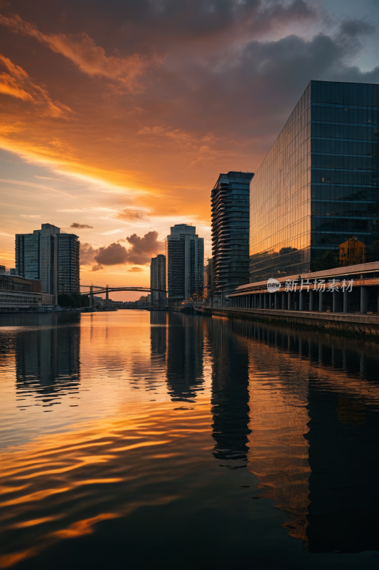 日落穿过一座城市一座桥梁和一条河流风景