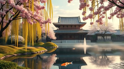 春意盎然古建筑湖畔美景