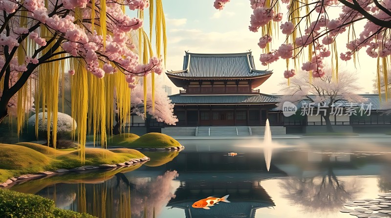 春意盎然古建筑湖畔美景