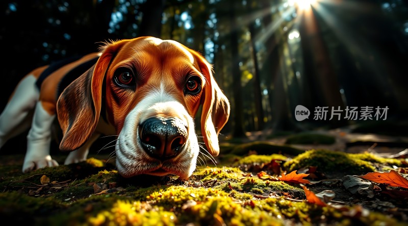 阳光下的森林小狗探出头