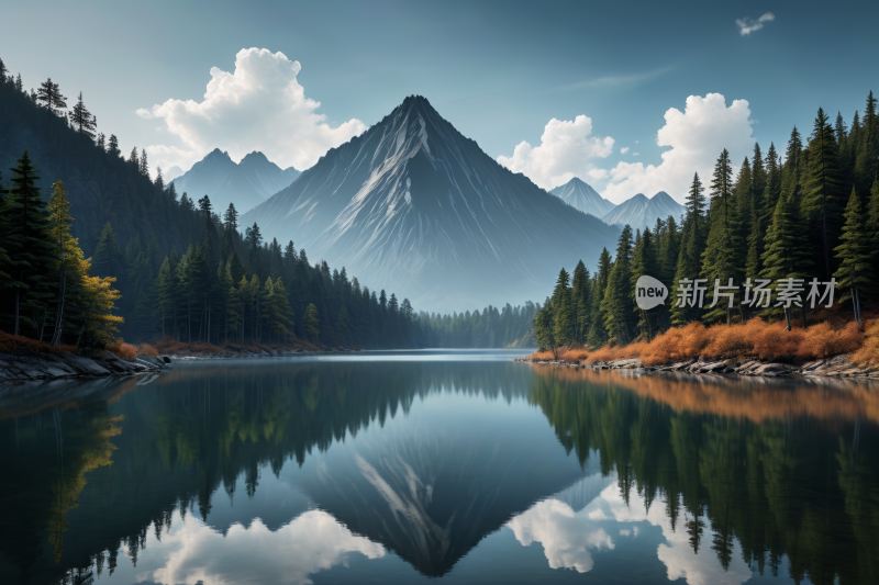 山倒映在树木和草丛环绕的湖泊中风景插画