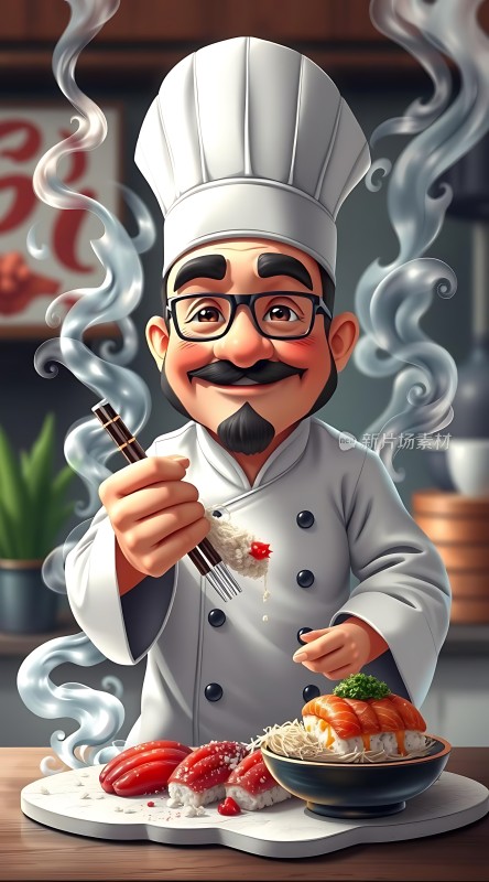 厨师烹饪美味寿司香气四溢