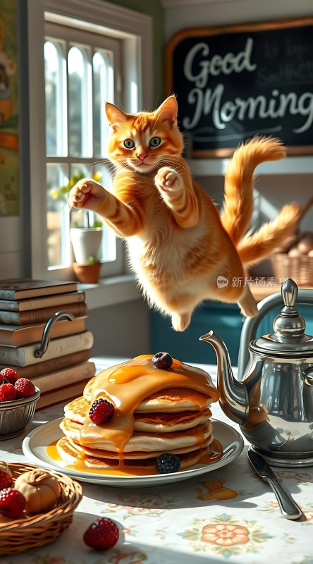 橘猫跃起早餐桌