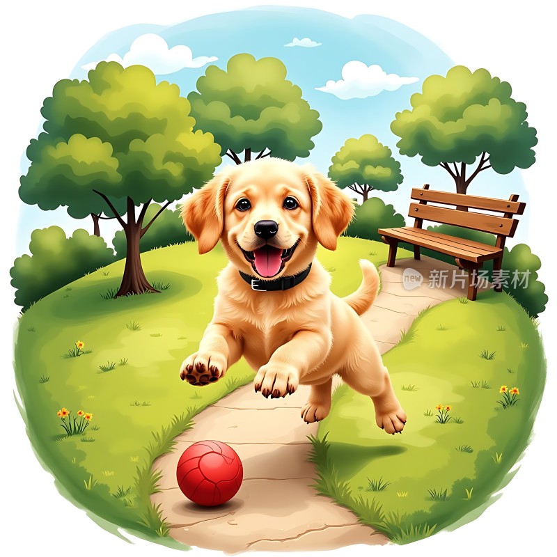 阳光下的快乐小狗追逐红色球