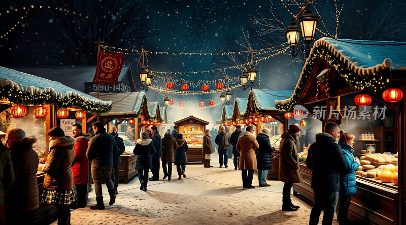冬日集市夜市繁华灯火通明人潮涌动