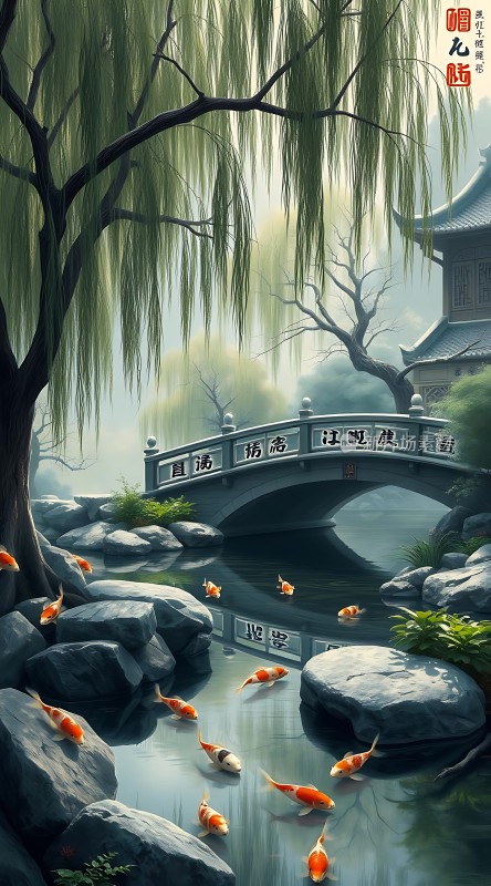 春日垂柳映小桥金鲤戏水绿波上