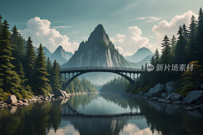 河上一座桥一座高山清风景插画图片