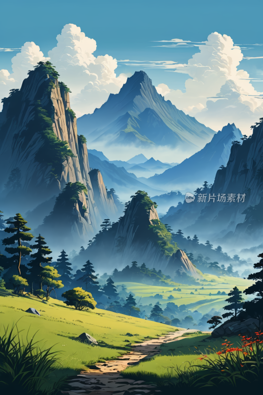 山景一条小路高清风景插画图片