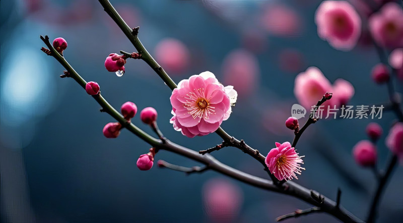 春天梅花树枝花朵盛开特写虚化背景花卉摄影