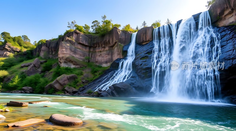 瀑布飞流直下碧波荡漾绿树成荫自然风光旖旎
