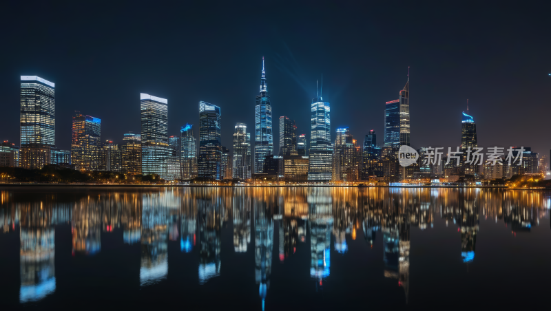 夜晚的城市天际线在水中倒影高清风景图片