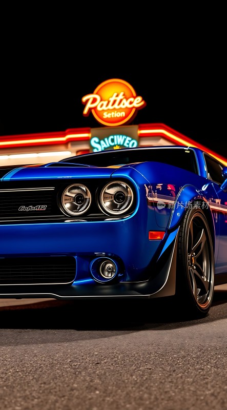 蓝色跑车与霓虹灯牌