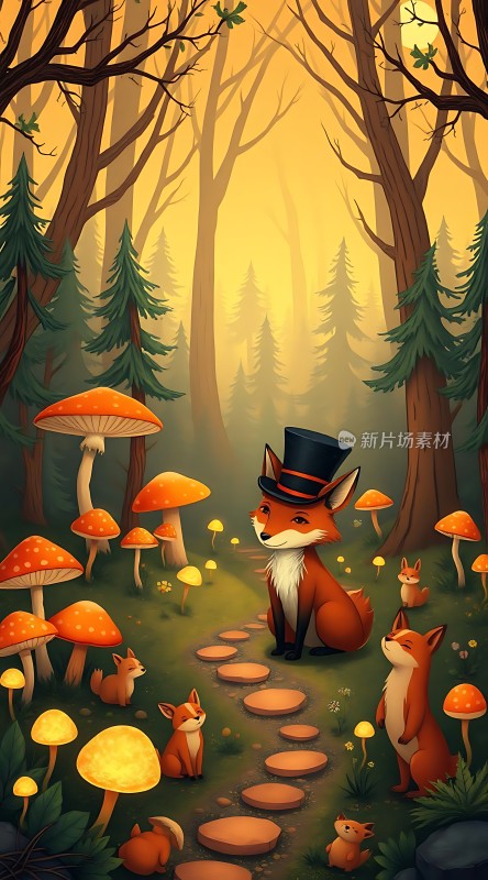 森林小径上的狐狸一家