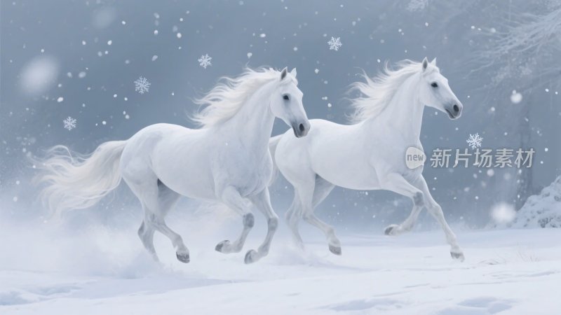 雪地中奔腾的两匹白马