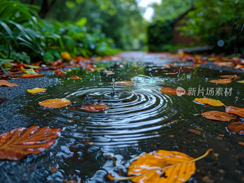 雨天落叶和水面涟漪的自然景象