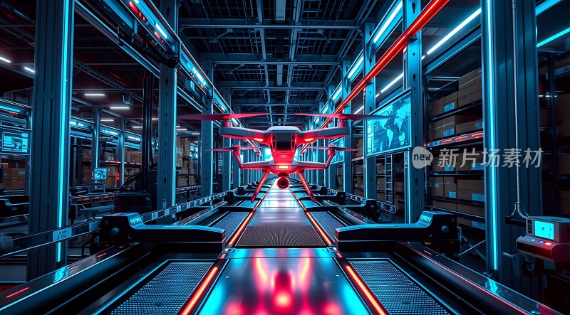 未来科技仓库红色无人机穿梭其中