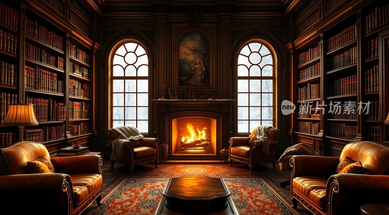 古董书架环绕的舒适书房壁炉旁的优雅座椅和地毯