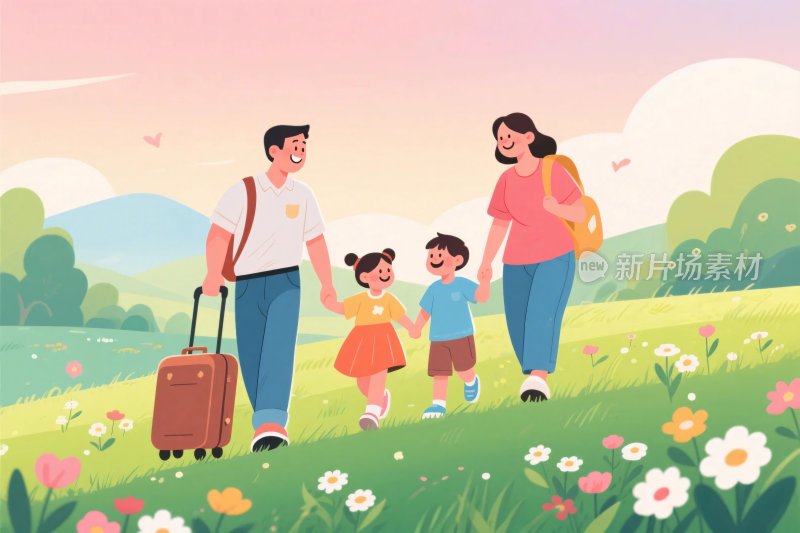 一家人户外温馨出行场景