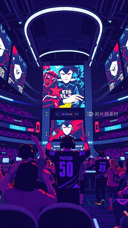 电竞比赛现场观众热情高涨屏幕上显示着选手头像和队伍名称