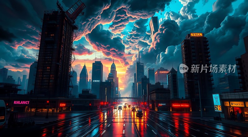 霓虹都市云霞满天车水马龙