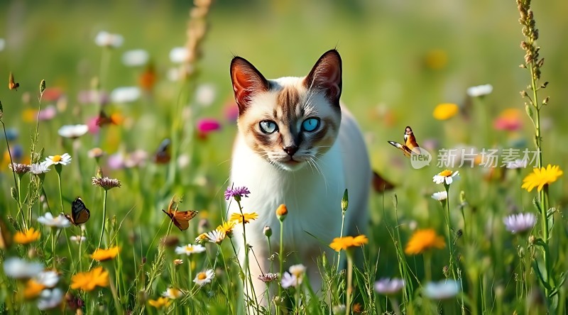 春日花丛中白猫静立蝴蝶飞