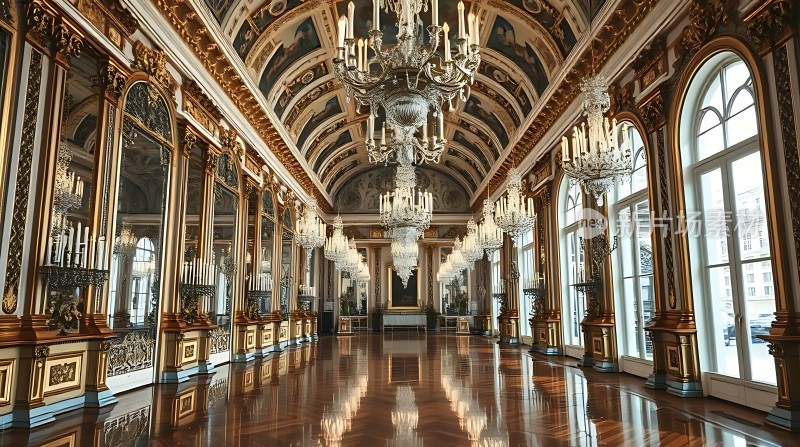 金色大厅华丽吊灯与镜面墙映衬下的璀璨光影