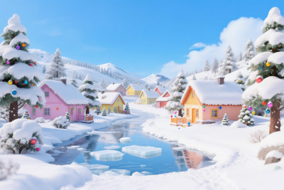 冬季童话般的雪景和孩子们堆雪人