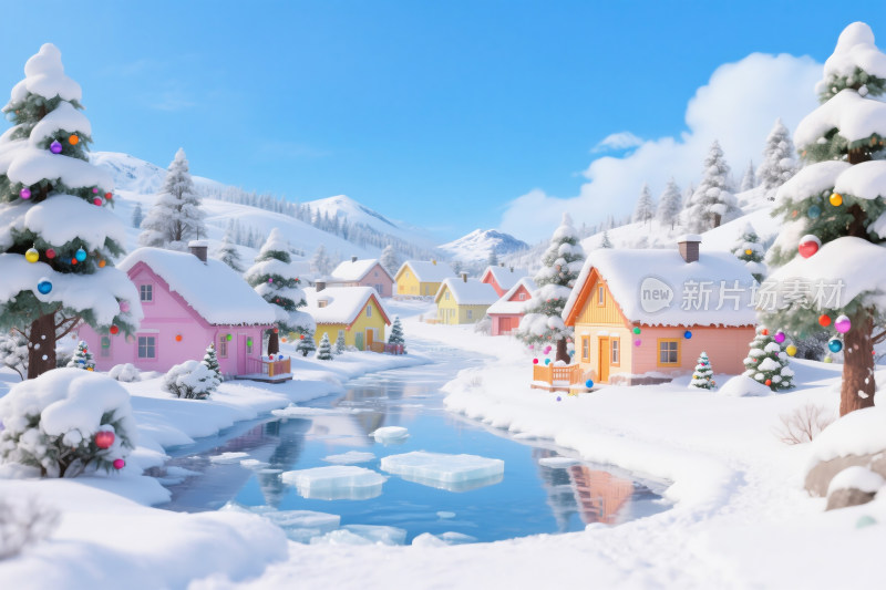 冬季童话般的雪景和孩子们堆雪人