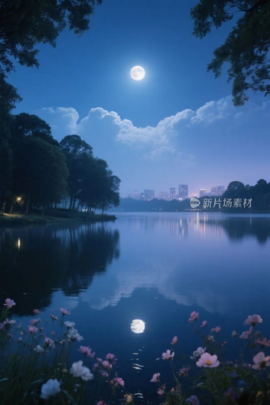 湖边月夜湖景图