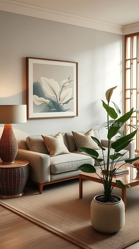 现代简约客厅舒适沙发与艺术装饰画相得益彰