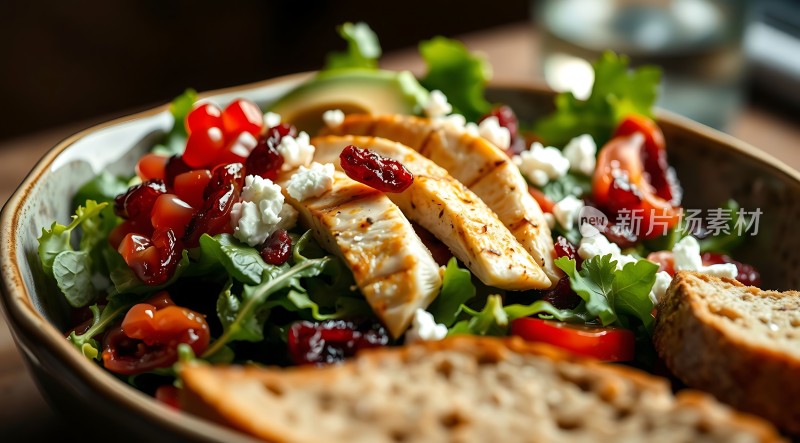 健康美味沙拉鸡肉、蔬菜与面包完美搭配！