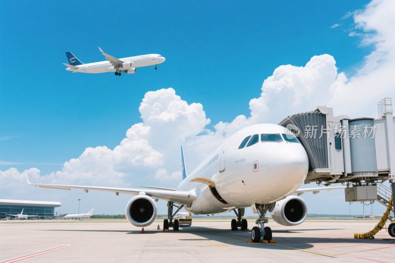 机场停机坪上的飞机与起飞客机