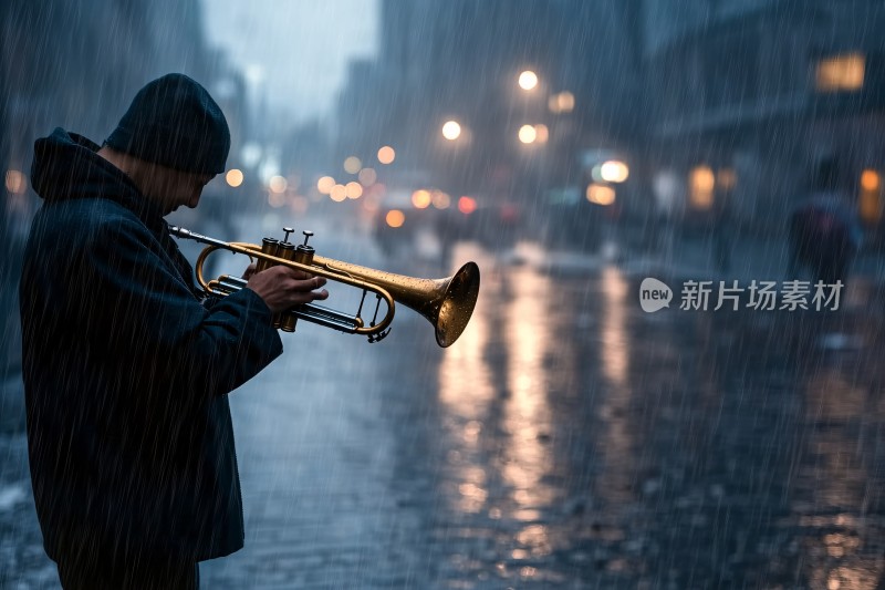 雨中街头吹小号的人