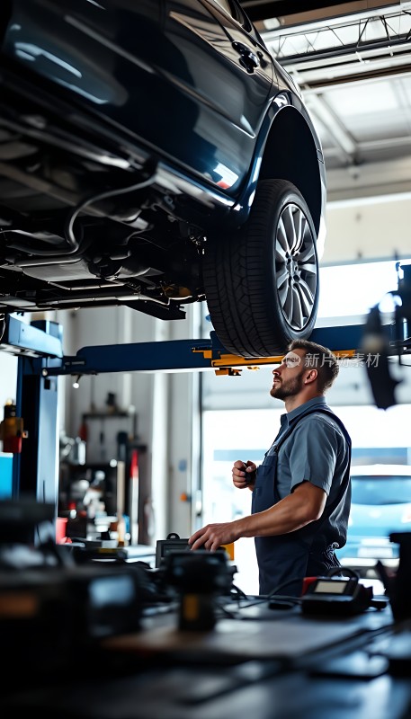 修车工人在车间内专注检查汽车底盘