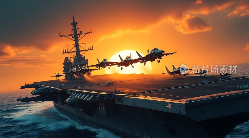 日出时航空母舰起飞的壮观场景