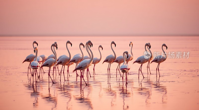 火红夕阳映照下的火烈鸟群