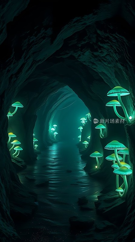 神秘洞穴中的荧光蘑菇奇观