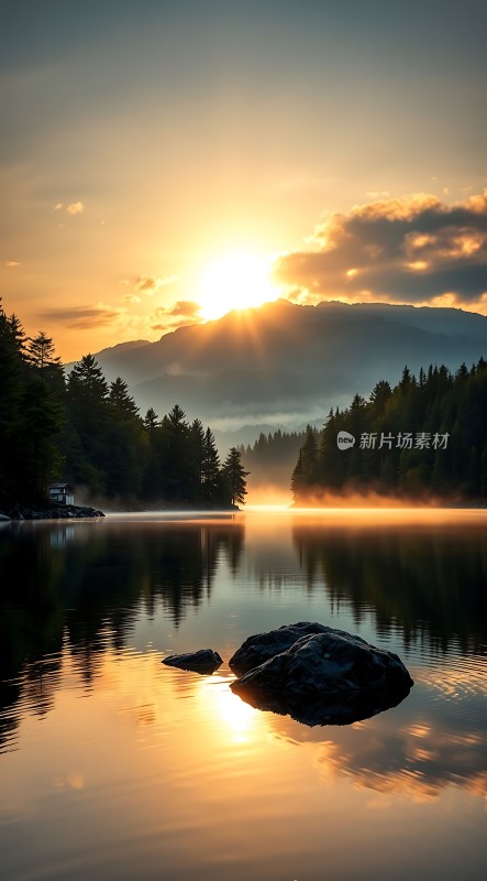 湖畔晨曦映山川