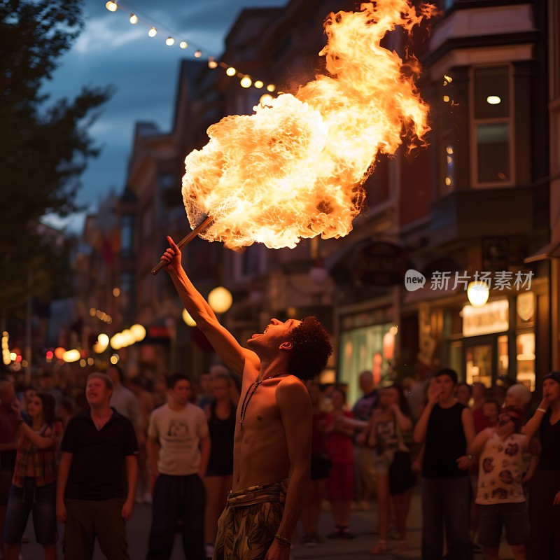 街头表演者点燃火焰观众围观