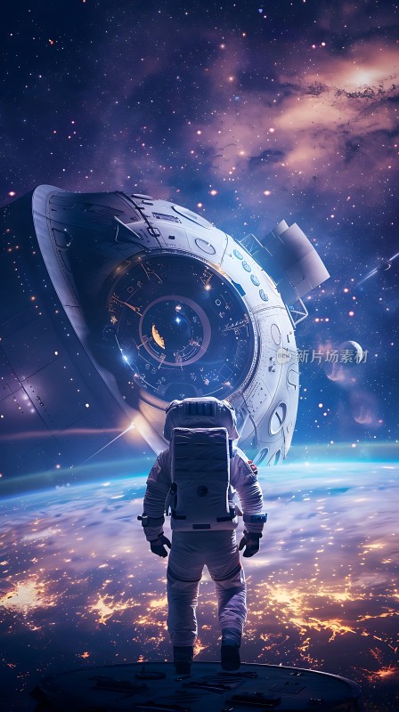 宇航员仰望宇宙飞船