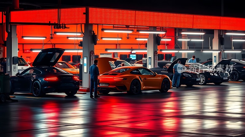 红色车间里的跑车维修