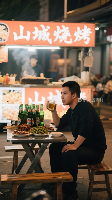 夜市烧烤摊前男子举杯畅饮美食与啤酒的诱惑