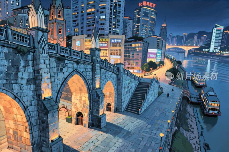 城市夜景古建与现代