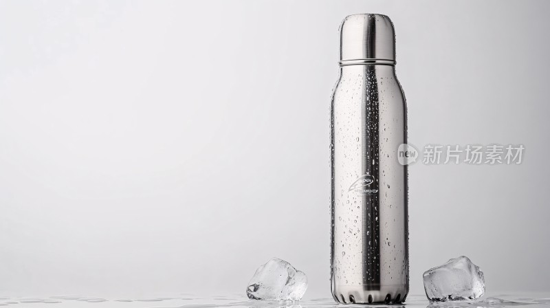 不锈钢保温瓶与冰块静物图