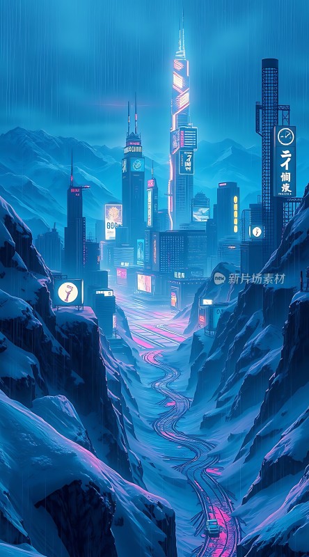 雪地霓虹城市夜景