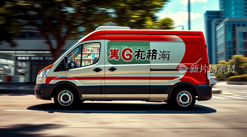 红色货车行驶在街道上