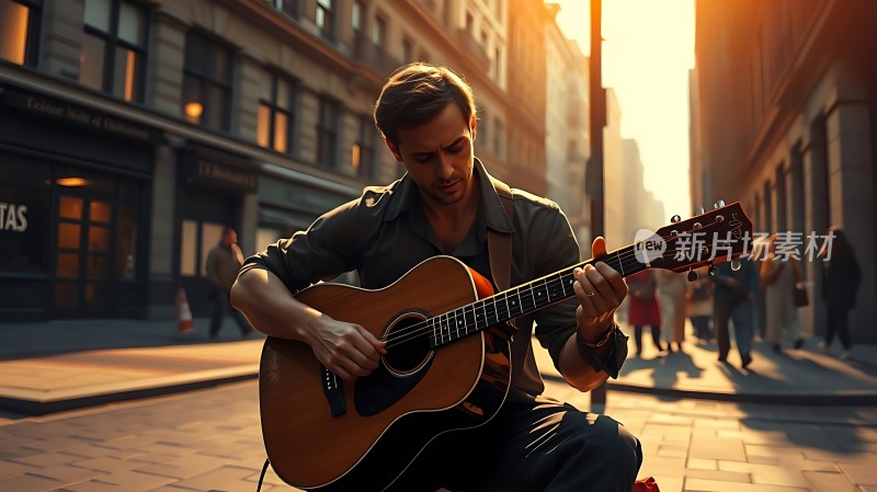街头吉他手阳光下的音乐梦想