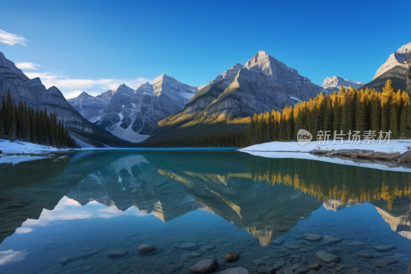 山倒映在有岩石和雪的湖中高清风景风光图片